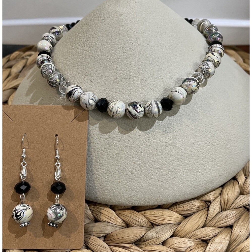 Black White Silver Metallic Chocker Necklace & Earring Set Crystal Whimsigoth